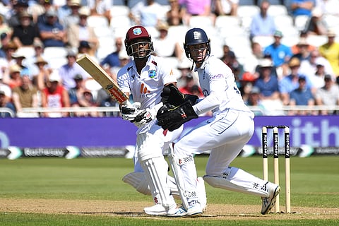 Kraigg Brathwaite plays a shot against England